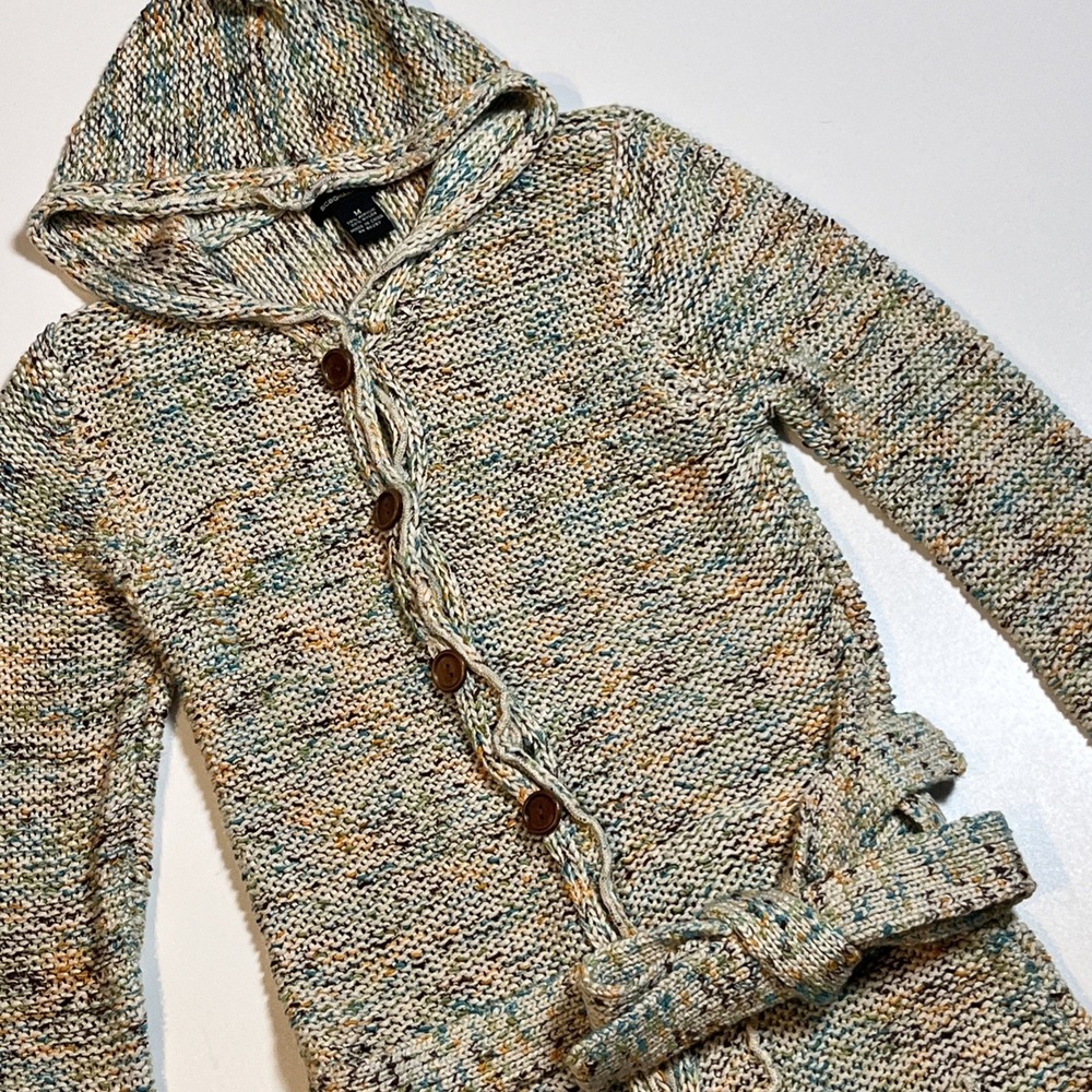 BCBG Maxazria Long Hooded Knit Cardigan Sz M Multicolor Button Up Belted Duster